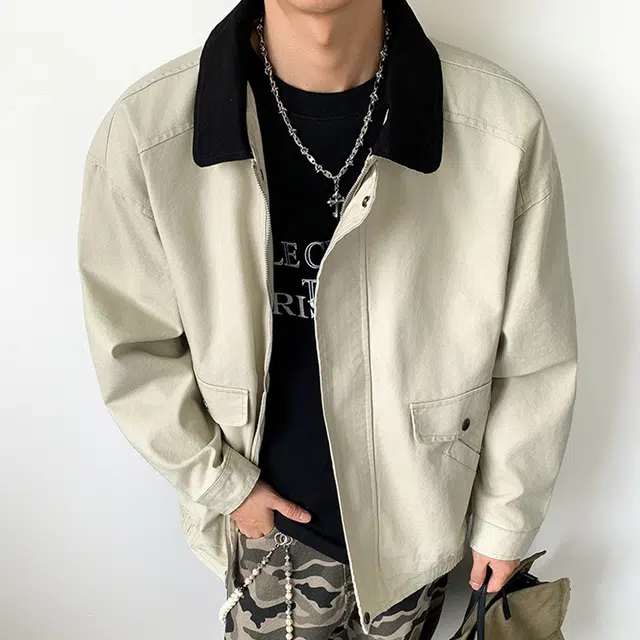 顶峰保罗 美式复古哈灵顿拼接撞色翻领重磅纯棉工装无性别主义潮流宽松加肥加大休闲长袖机车简约百搭显高显瘦夹克外套 男女同款