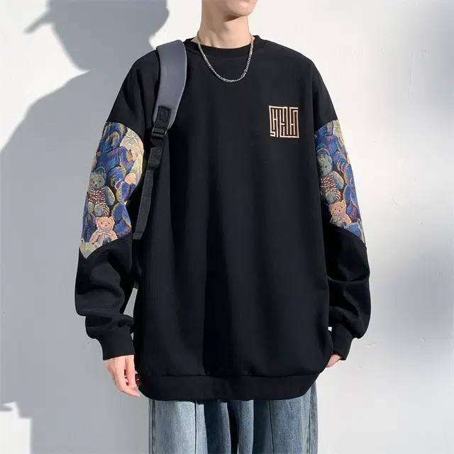 顶峰保罗 新中式刺绣潮牌宽松休闲大码痞帅卡通打底衫上衣无性别主义潮流百搭小熊图案圆领卫衣 男女同款