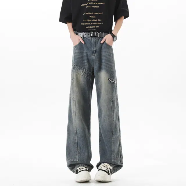 顶峰保罗 美式潮流时尚百搭高街休闲复古宽松透气垂感阔腿显高显瘦弹力水洗做旧潮牌牛仔裤 男女同款