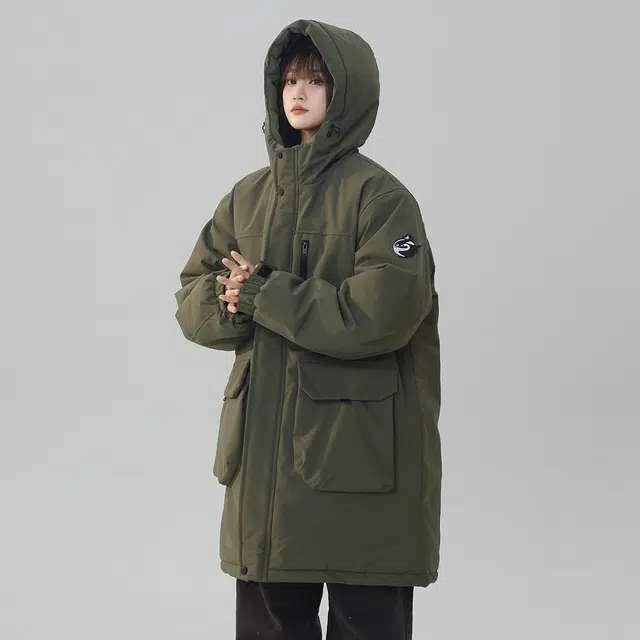 顶峰保罗 中长款石墨烯大口袋加厚外套工装连帽宽松百搭休闲纯色长袖棉服 男女同款