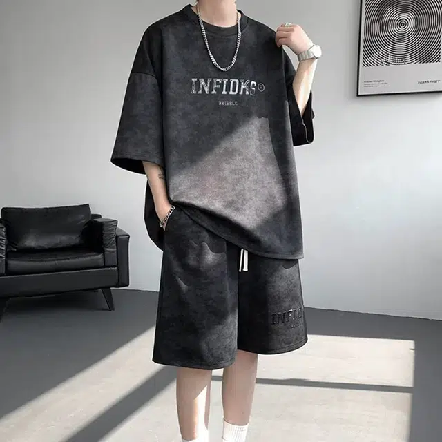 顶峰保罗 美式复古时尚亲肤柔软短袖上衣宽松潮流简约舒适短裤休闲运动套装 男女同款