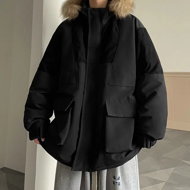 顶峰保罗 美式拼接休闲工装连帽面包服复古潮牌无性别主义直筒派克服宽松百搭加厚大码保暖时尚长袖棉服 男女同款