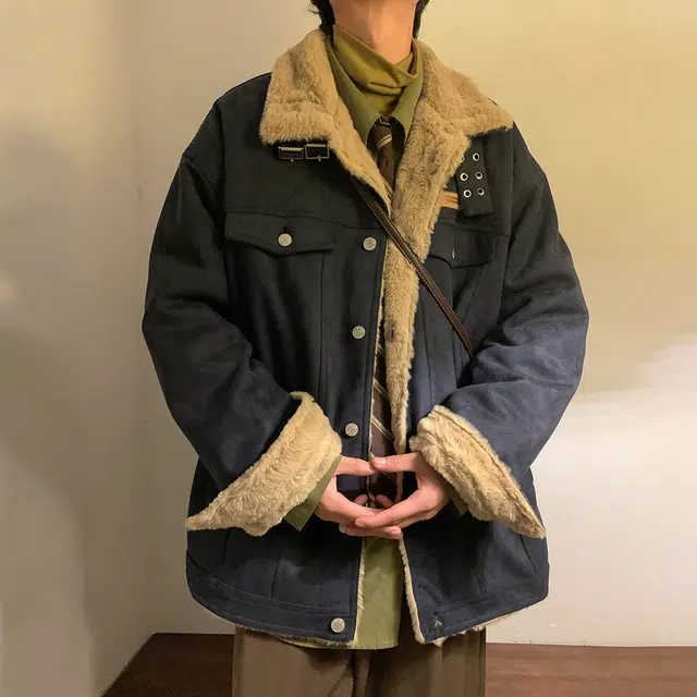 顶峰保罗 日系复古羊羔绒无性别主义潮牌高街休闲百搭直筒外穿棉衣工装牛仔外套棉服 男女同款