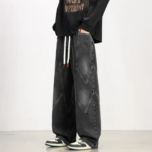 顶峰保罗 美式潮牌解构高级设计感宽松直筒阔腿情侣款潮流百搭水洗做旧通勤亲肤舒适痞帅牛仔裤 男女同款
