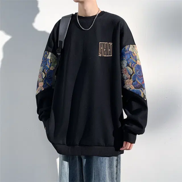 顶峰保罗 新中式刺绣潮牌宽松休闲大码痞帅卡通打底衫上衣无性别主义潮流百搭小熊图案圆领卫衣 男女同款