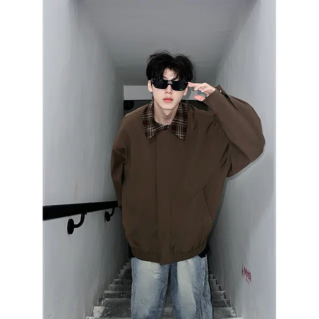 顶峰保罗 美式高街复古宽松大码休闲假两件格子拼接上衣外套无性别主义情侣款百搭翻领夹克外套 男女同款