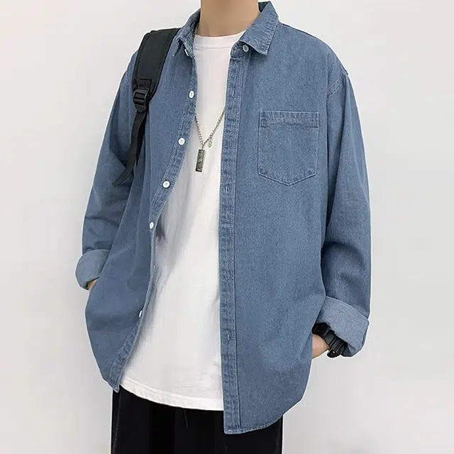 顶峰保罗 日系复古水洗牛仔工装翻领单排扣衬衫无性别主义休闲百搭直筒痞帅高街时尚简约长袖夹克 男女同款