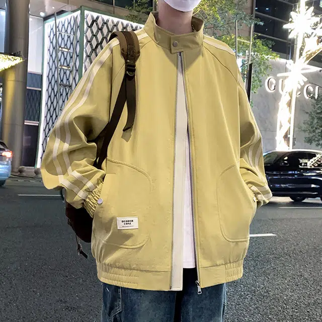 顶峰保罗 美式条纹拼接潮牌纯色飞行员翻领长袖机车外套无性别主义直筒休闲运动复古工装上衣宽松加肥加大简约百搭高街夹克 男女同款