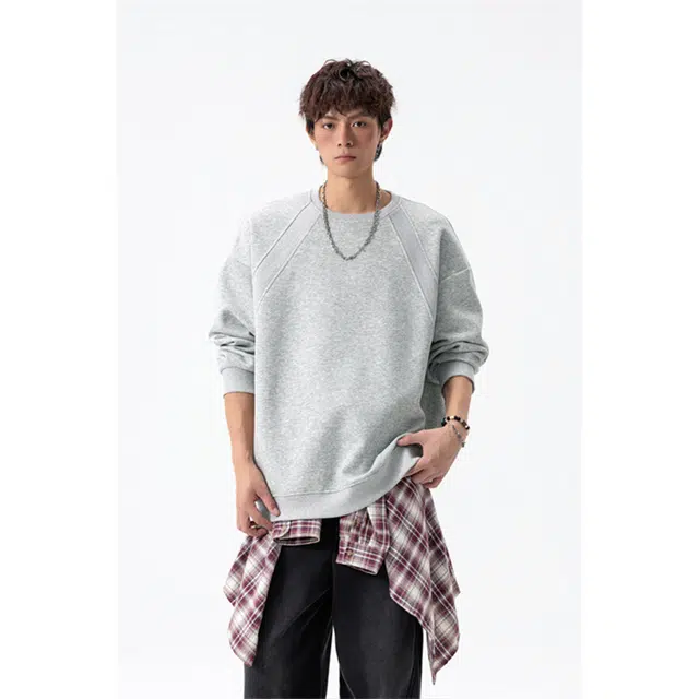 顶峰保罗 美式复古纯色高级设计感宽松休闲大码运动上衣无性别主义情侣秋季穿搭圆领卫衣 男女同款