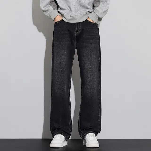 顶峰保罗 美式潮牌直筒阔腿无性别主义休闲复古高街水洗做旧运动长裤弹力显高显瘦宽松大码简约百搭加绒加厚垂感牛仔裤 男女同款