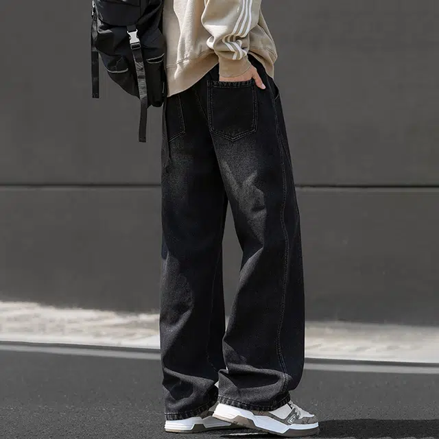 顶峰保罗 美式潮牌复古宽松直筒休闲时尚百搭无性别主义垂感做旧水洗高街弯刀系带设计感牛仔裤 男女同款
