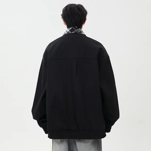 顶峰保罗 美式假两件格纹拼接翻领外套无性别主义直筒潮牌痞帅通勤骑行休闲上衣显高显瘦简约百搭宽松加肥加大长袖工装夹克 男女同款