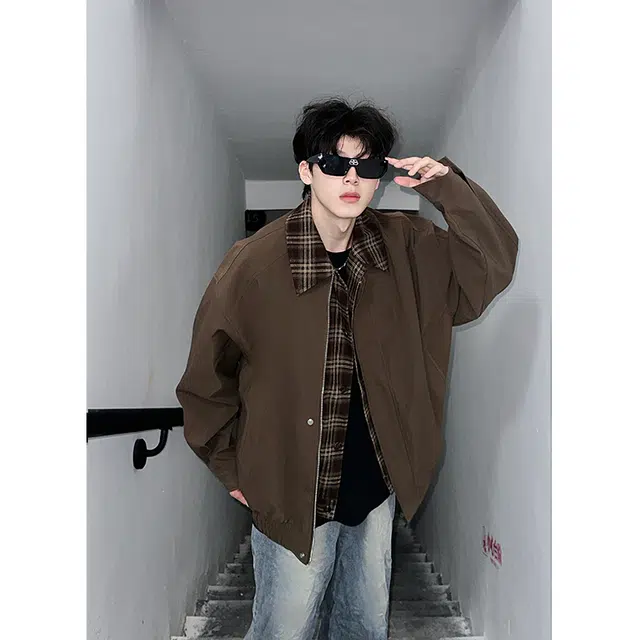 顶峰保罗 美式高街复古宽松大码休闲假两件格子拼接上衣外套无性别主义情侣款百搭翻领夹克外套 男女同款