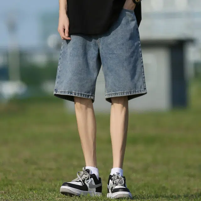 顶峰保罗 无性别主义美式高街潮牌潮复古水洗做旧直筒五分中裤垂感设计感百搭牛仔短裤 男女同款