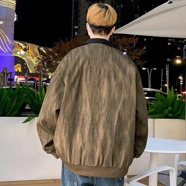 顶峰保罗 美式扎染字母印花潮牌飞行员翻领长袖机车外套无性别主义直筒休闲复古工装上衣宽松加肥加大简约百搭高街加绒加厚夹克 男女同款