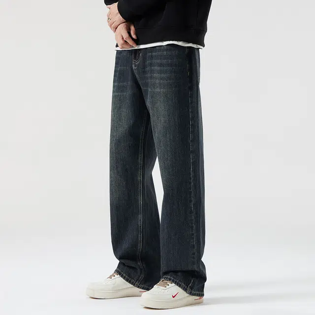 顶峰保罗 美式潮牌阔腿无性别主义直筒休闲复古高街水洗做旧运动长裤弹力显高显瘦宽松大码简约百搭加绒加厚垂感牛仔裤 男女同款