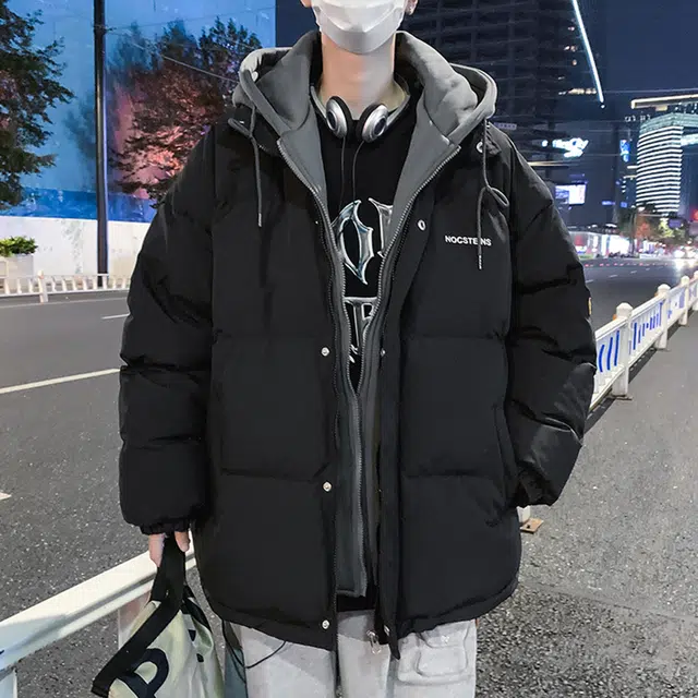 顶峰保罗 假两件拼接撞色休闲工装连帽长袖复古潮牌无性别主义直筒面包服宽松百搭加厚派克服保暖大码时尚棉服 男女同款