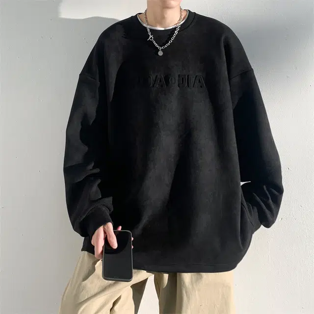顶峰保罗 麂皮绒美式高街潮牌字母宽松大码休闲上衣打底衫无性别主义潮流百搭情侣款圆领卫衣 男女同款