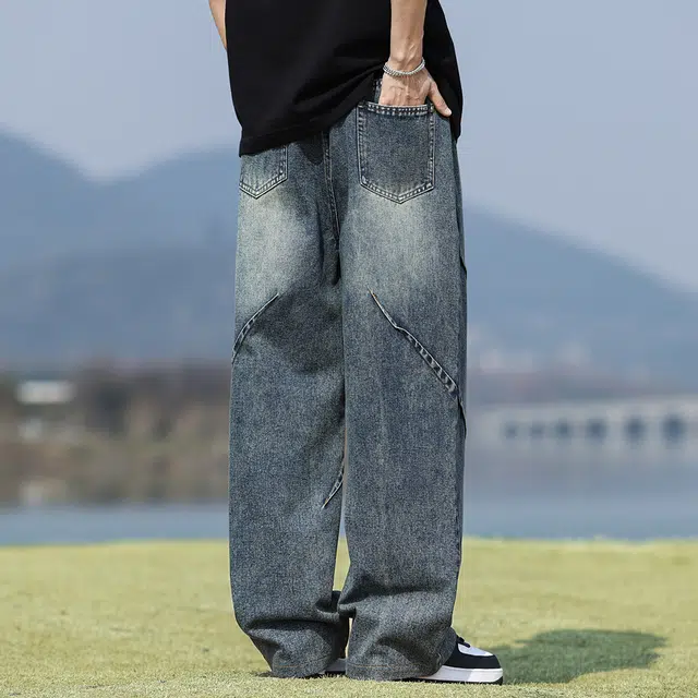顶峰保罗 美式复古水洗工装解构无性别主义直筒长裤休闲阔腿弹力松紧腰显高百搭宽松高街潮牌垂感牛仔裤 男女同款