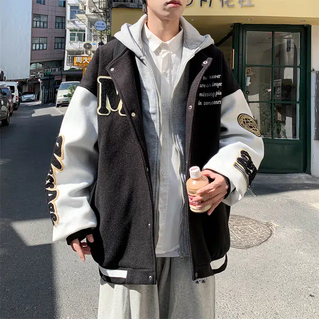 顶峰保罗 假两件拼接上衣外套美式情侣款潮牌宽松小众复古百搭痞帅高街连帽夹克 男女同款