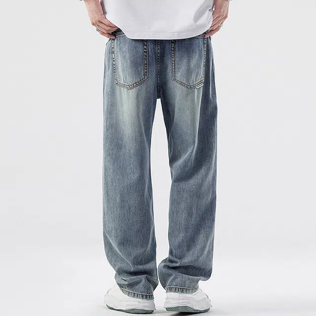 顶峰保罗 无性别主义水洗做旧薄款透气宽松直筒美式高街潮牌垂感休闲阔腿长裤子时尚百搭设计感牛仔裤 男女同款