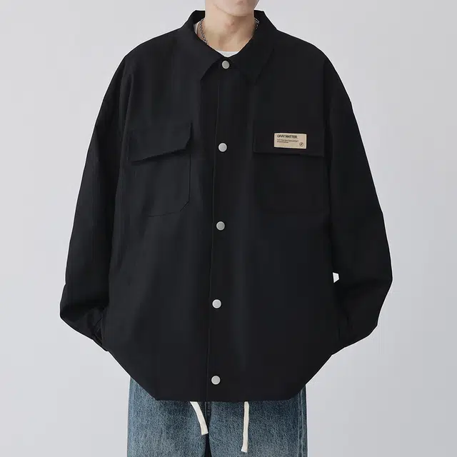 顶峰保罗 美式纯色翻领上衣无性别主义宽松休闲痞帅百搭潮牌衬衫式外套夹克 男女同款