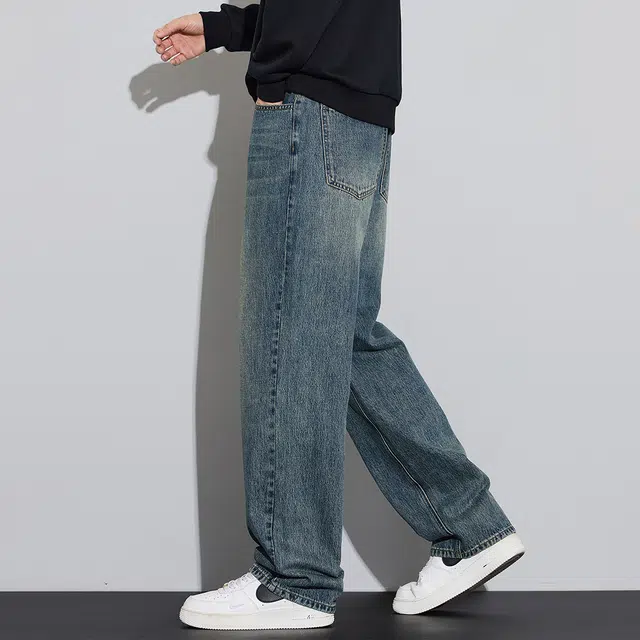 顶峰保罗 美式潮牌直筒阔腿无性别主义休闲复古高街水洗做旧运动长裤弹力显高显瘦宽松大码简约百搭加绒加厚垂感牛仔裤 男女同款