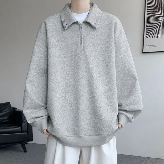 顶峰保罗 半拉链金属扣重磅翻领宽松大码长袖上衣无性别主义潮牌休闲运动高街纯色衬衣简约百搭显高显瘦卫衣 男女同款