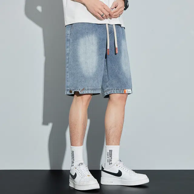 顶峰保罗 薄款潮流宽松休闲外穿潮牌炸街帅气百搭无性别主义五分中裤时尚直筒运动透气牛仔短裤 男女同款