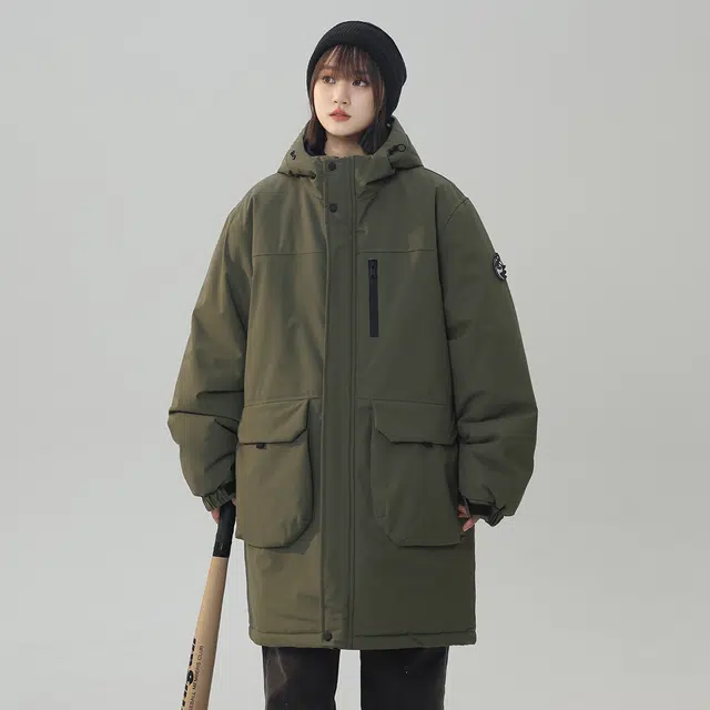 顶峰保罗 中长款石墨烯大口袋加厚外套工装连帽宽松百搭休闲纯色长袖棉服 男女同款