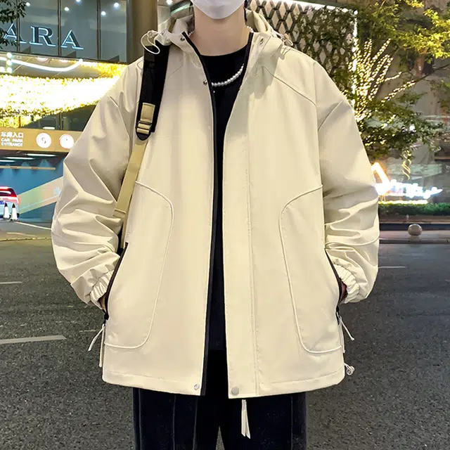 顶峰保罗 美式纯色拉链休闲工装飞行员长袖连帽无性别主义宽松百搭夹克外套 男女同款