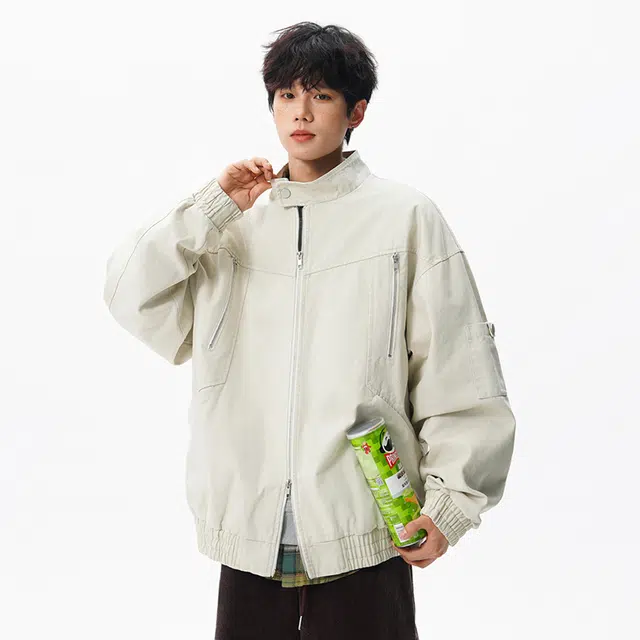 顶峰保罗 纯棉美式立领纯色工装飞行员无性别主义直筒宽松休闲通勤百搭上衣潮牌时尚高街长袖夹克外套 男女同款