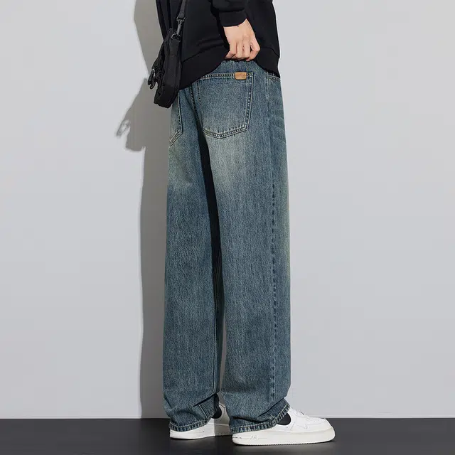 顶峰保罗 美式潮牌直筒阔腿无性别主义休闲复古高街水洗做旧运动长裤弹力显高显瘦宽松大码简约百搭加绒加厚垂感牛仔裤 男女同款