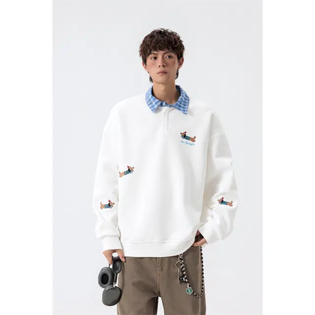 顶峰保罗 美式腊肠狗假两件卡通宽松休闲大码上衣外套无性别主义情侣款舒适百搭潮流翻领卫衣 男女同款