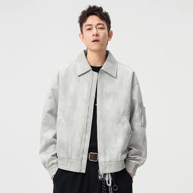 顶峰保罗 美式潮牌翻领麂皮绒工装上衣无性别主义直筒纯色高街宽松大码休闲高级感百搭长袖飞行夹克 男女同款