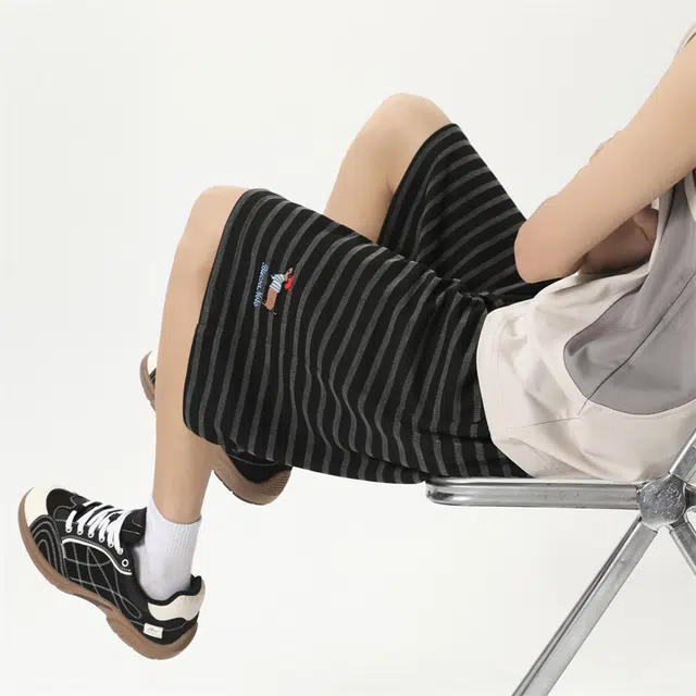 顶峰保罗 腊肠小狗条纹薄款透气直筒五分裤美式高街潮牌宽松舒适小众百搭设计感休闲短裤 男女同款