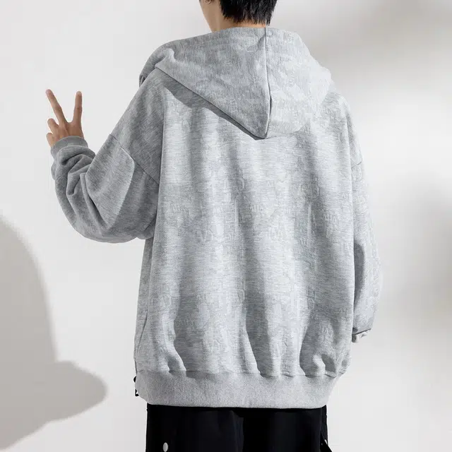 顶峰保罗 美式字母刺绣提花潮牌连帽重磅开衫夹克外套无性别主义宽松大码复古休闲直筒运动上衣简约百搭长袖卫衣 男女同款