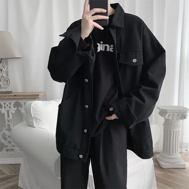 顶峰保罗 潮牌复古纯色高级感休闲宽松夹克无性别主义潮流百搭通勤情侣翻领牛仔外套 男女同款