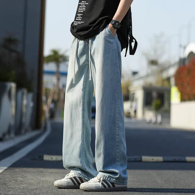 顶峰保罗 冰丝美式潮牌宽松直筒裤子高级感无性别主义百搭垂感阔腿复古高街弹力抽绳牛仔裤 男女同款
