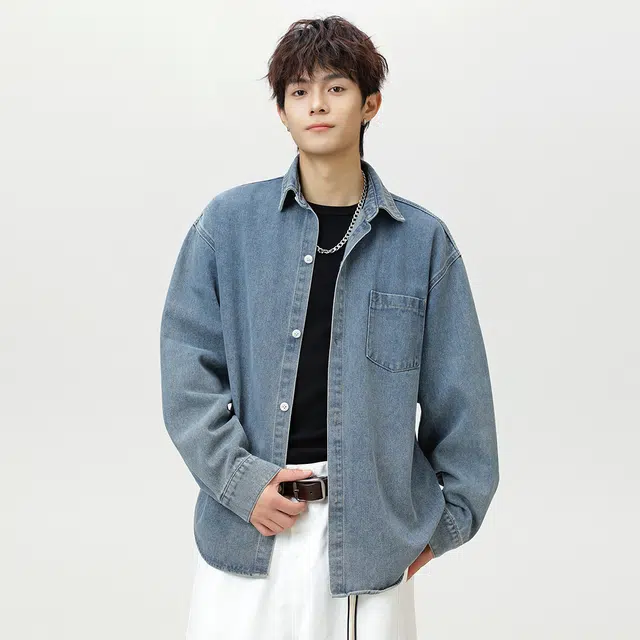 顶峰保罗 美式水洗复古翻领牛仔衬衣无性别主义休闲运动宽松大码高街工装长袖夹克外套纯色显高显瘦潮牌简约百搭衬衫 男女同款