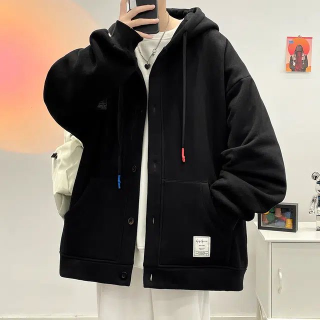 顶峰保罗 美式纯色潮牌宽松大码重磅开衫连帽无性别主义直筒痞帅简约百搭长袖卫衣 男女同款