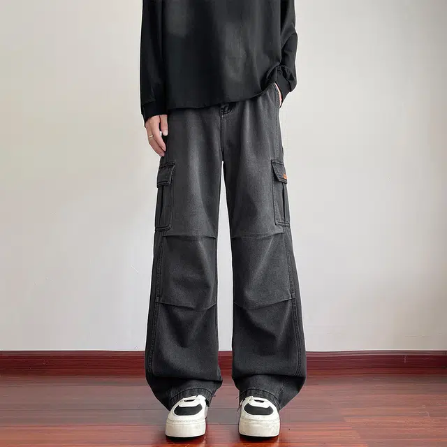 顶峰保罗 美式复古褶皱水洗做旧工装伞兵裤无性别主义直筒休闲运动阔腿长裤弹力显高显瘦百搭宽松大码潮牌高街垂感牛仔裤 男女同款