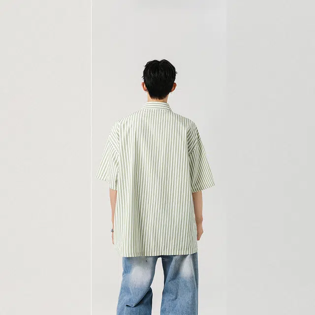 顶峰保罗 竖条纹薄款透气大口袋衬衣外套宽松舒适冰丝凉感速干休闲小众百搭翻领短袖衬衫 男女同款