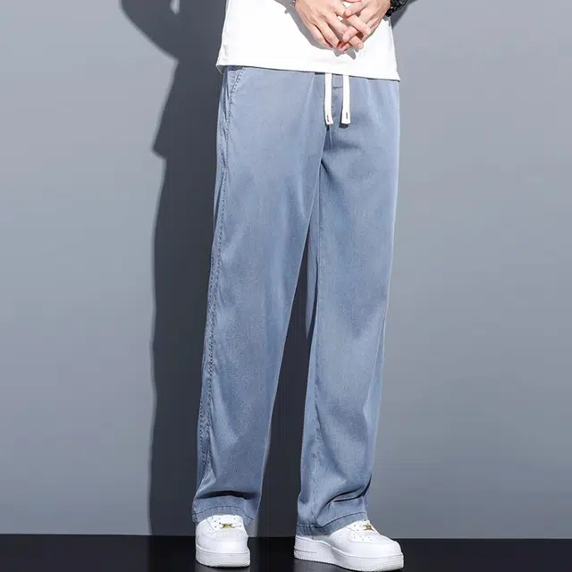 顶峰保罗 无性别主义薄款凉感亲肤透气休闲宽松直筒长裤时尚百搭抽绳高级感大码牛仔裤 男女同款