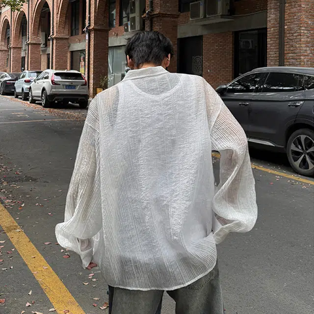 顶峰保罗 薄款舒适凉感纹理感衬衣外套美式痞帅高街潮牌宽松小众百搭简约休闲翻领长袖衬衫 男女同款