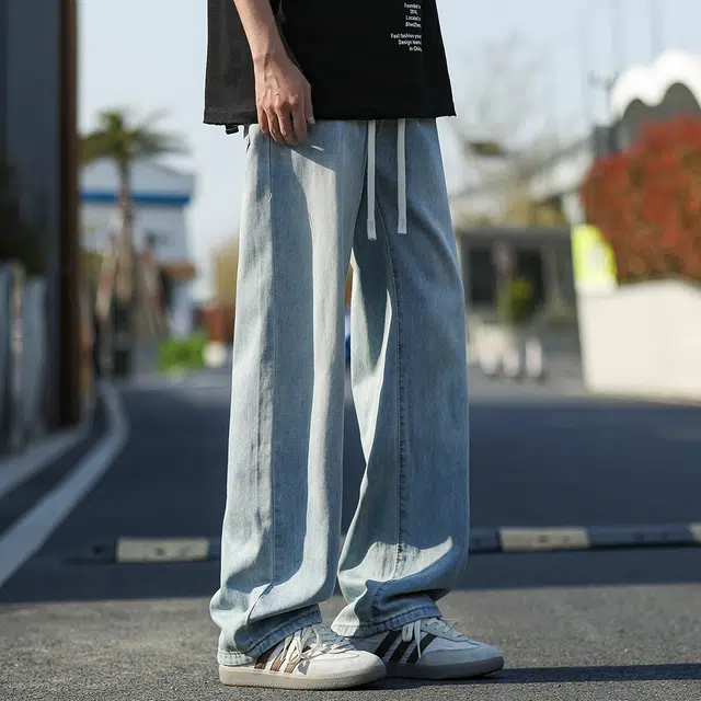 顶峰保罗 冰丝美式潮牌宽松直筒裤子高级感无性别主义百搭垂感阔腿复古高街弹力抽绳牛仔裤 男女同款