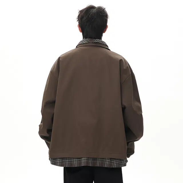 顶峰保罗 美式假两件格纹拼接翻领长袖外套无性别主义休闲复古潮牌宽松大码上衣简约百搭显高显瘦夹克 男女同款