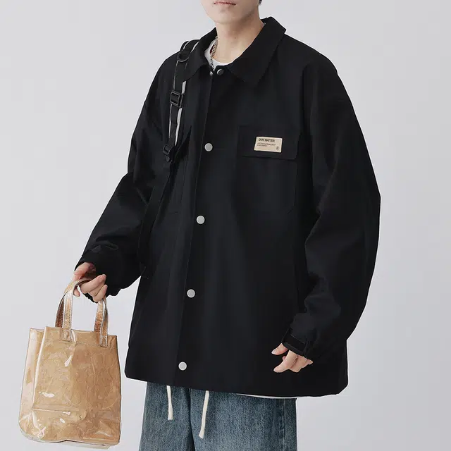 顶峰保罗 美式纯色翻领上衣无性别主义宽松休闲痞帅百搭潮牌衬衫式外套夹克 男女同款