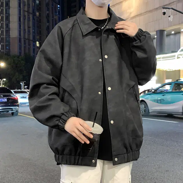 顶峰保罗 美式复古纯色休闲工装飞行员翻领长皮衣无性别主义直筒宽松百搭潮牌高街夹克外套 男女同款