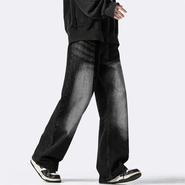 顶峰保罗 复古水洗做旧薄款透气直筒长裤子美式高街潮牌情侣宽松休闲百搭撞色阔腿牛仔裤 男女同款